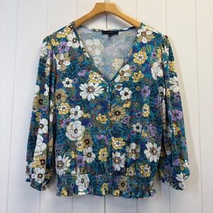 Eclair Boho Floral Faux Wrap Smocked Top Women Size M Cottage Mod Botanical Chic
